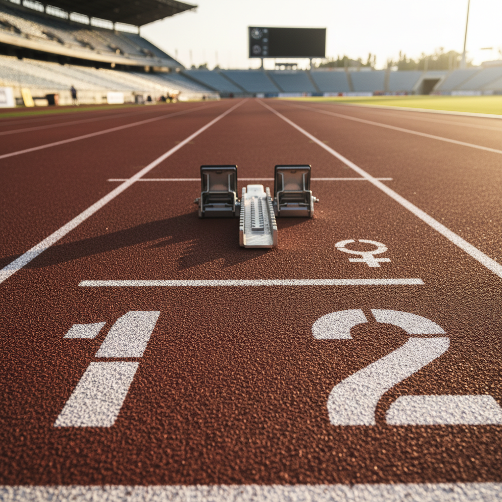A close-up, photographic realism shot of a starting block on a red synthetic track, the textured lanes converging toward a blurred stadium in the distance. Painted lane numbers and a subtle female symbol are stenciled in crisp white on the track surface, hinting at gendered spaces in sport. Late afternoon golden-hour sunlight rakes across the track, creating warm highlights on the metal starting block and deep shadows in the grooves of the rubber. Captured from a low, ground-level perspective with a strong sense of depth, the composition uses leading lines to draw the viewer forward, evoking tension, anticipation, and the politics of who gets to start the race.