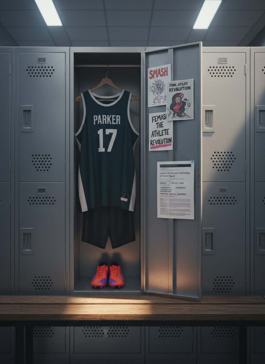 Inside a minimalist locker room, a single open metal locker reveals an organized set of women’s athletic uniforms: a neatly hung basketball jersey, folded compression shorts, and a pair of brightly colored cleats resting on the bench below. On the inside of the locker door, carefully pinned feminist zines, a printed academic article title about gender in sport, and a laminated training schedule create a visual collage of resistance and discipline. Cool, overhead fluorescent lighting reflects softly off brushed metal surfaces, while a subtle shaft of natural light from a high window warms the wooden bench. Photographic realism, medium-wide shot with centered composition, evoking a reflective, critical atmosphere around institutional spaces and the female athletic body.