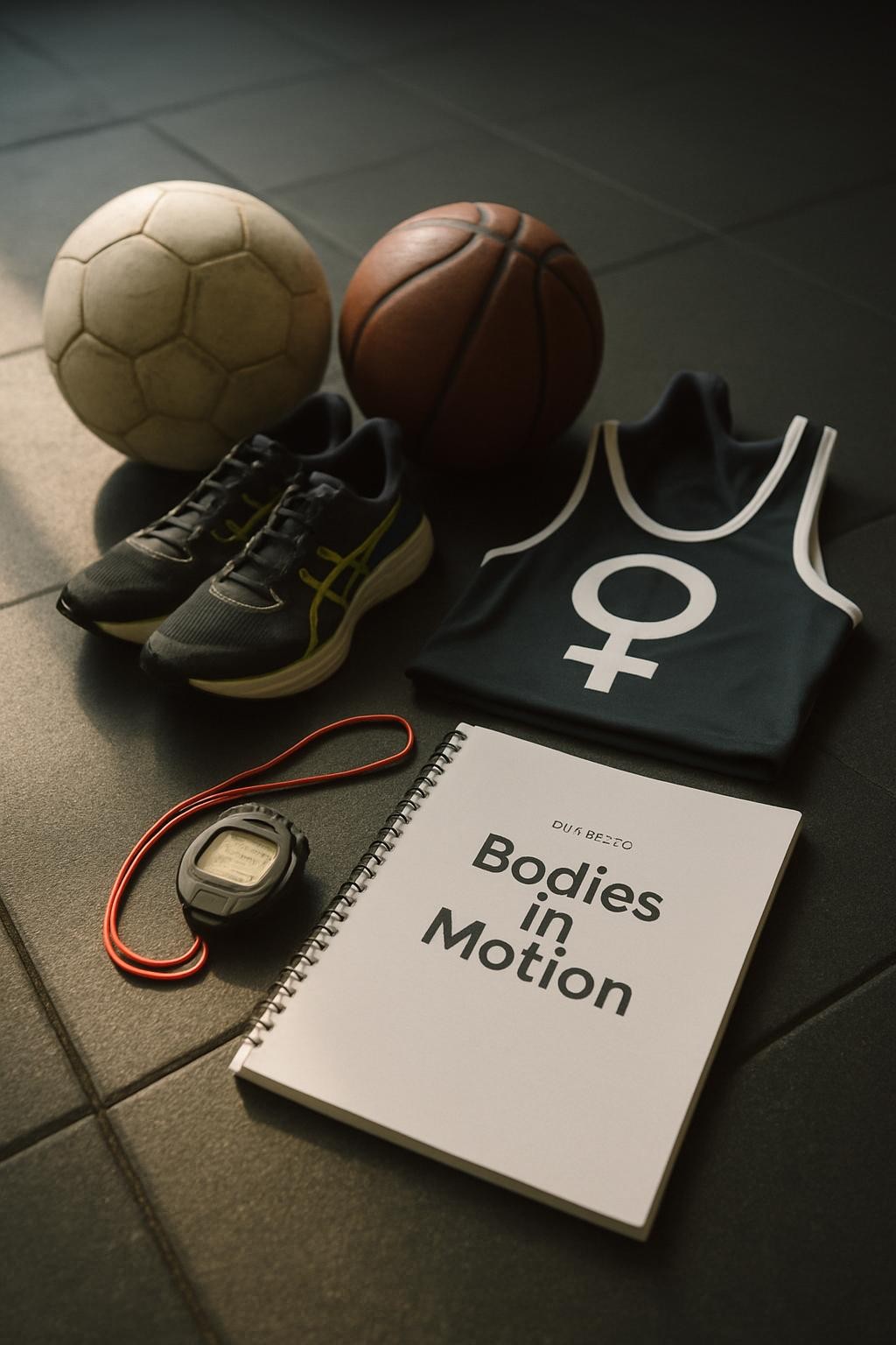 A meticulously arranged collection of women’s athletic gear laid out on a matte charcoal rubber gym floor: a scuffed white soccer ball, a slightly worn basketball, a sleek pair of neon-accented running shoes, a folded track singlet with a bold female symbol printed on the chest, and a stopwatch resting atop a spiral-bound syllabus labeled “Bodies in Motion.” Soft, diffused daylight enters from an unseen high window, casting gentle, elongated shadows that emphasize textures and use. Photographic realism, shot from a slightly elevated angle with shallow depth of field, keeps the syllabus title in crisp focus while the surrounding equipment blurs softly, creating a contemplative, academic mood about gender, sport, and the politics of the athletic body.